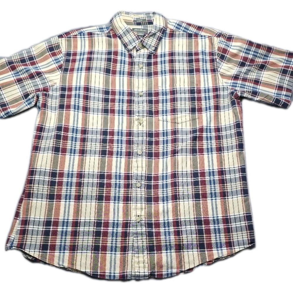 Eddie Bauer Short Sleeve Button Down Shirt L Mens Multicolor Plaid Casual Cotton